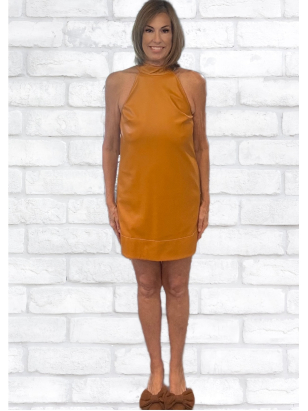 STAUD Honey Vegan Faux Leather Sicily Halter Shift Mini Dress NWT Size 8 - Picture 2 of 8
